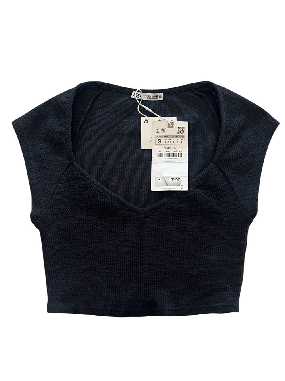 Zara Black V-Neck Cap Sleeve Ribbed Casual Crop Top- S